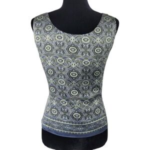 Tahari woman’s black green printed 100% silk blouse tank top size 12